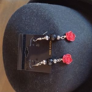 Black Silver Red Rose Earrings